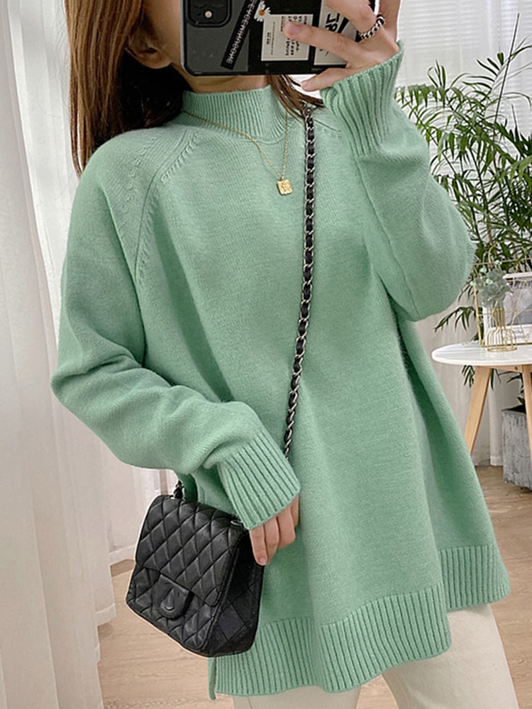 Women Mock Neck Pullovers Sweater High Quality Jumper Split Fall Winter Clothes Beige Purple Green 8 Colors