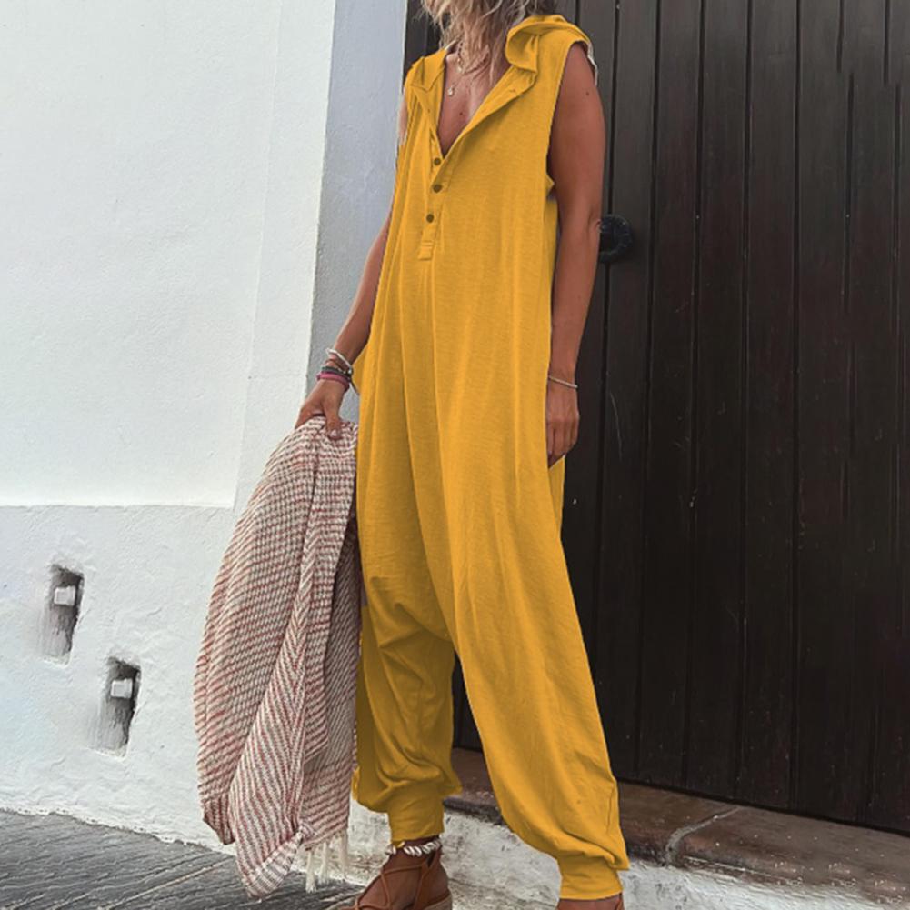 Women Jumpsuit Sleeveless Button Closure Solid Color Loose-fitting Lint Free Decor Cotton Blend Summer Hooded Jumpsuit for Women