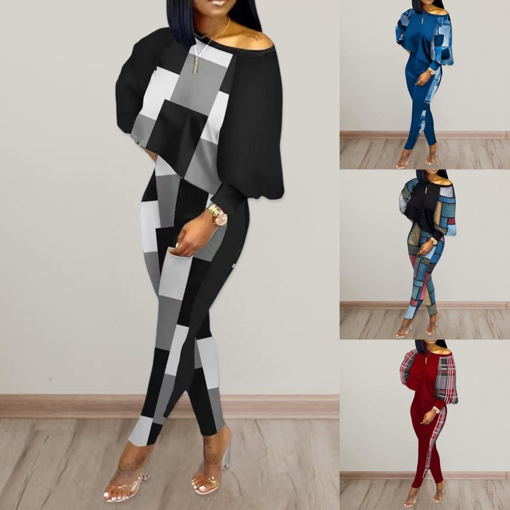 Fashion Print Tracksuit Women Sexy Slash Neck Lantern Sleeve T-shirt Leggings Two Piece Set for Women conjuntos de pantalón