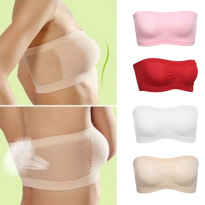 Womens One Size Strapless Seamless Stretch Bandeau Tube Bra Top Back Mesh Solid 066C