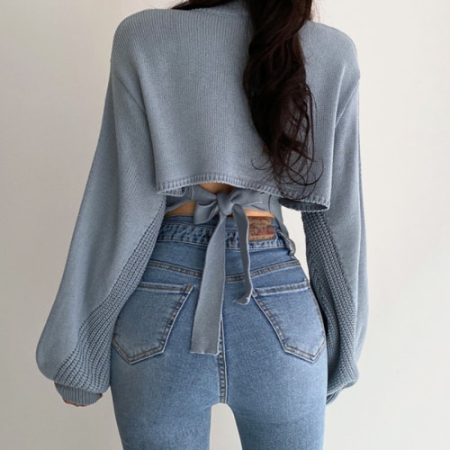 Blue Pullover Vintage V-neck Back Tie Careful Machine Hollowing and Tying Wide Loose Lantern Sleeve Knit Sweater Women 2023 Fall