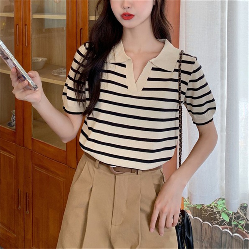 Fashion V Neck Korea Version Slim Summer Striped Lapel Short-sleeved Knitted T-shirt Chic Women Tops
