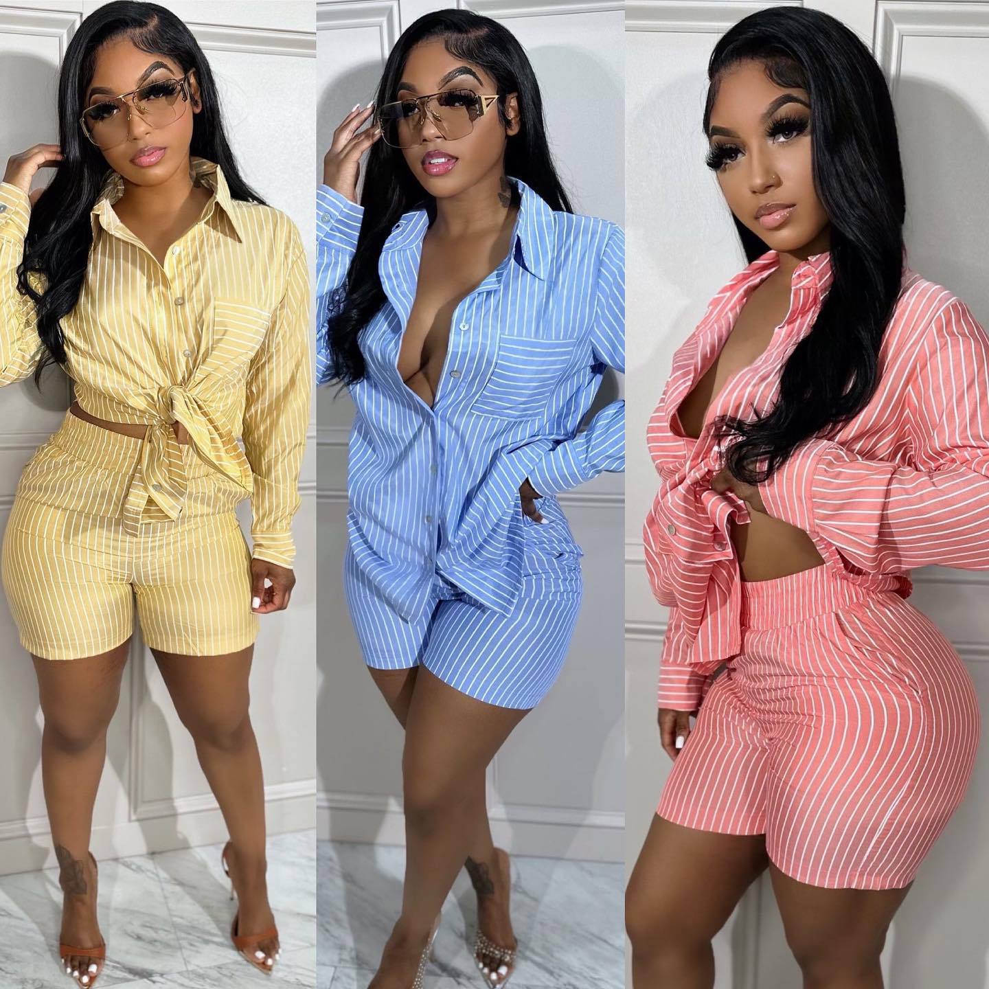 Casual Women Tracksuit Striped Two Piece Set Turn Down Collar Shirt + Short Pants Streetwear Sportsuit Matching Set Clothes
