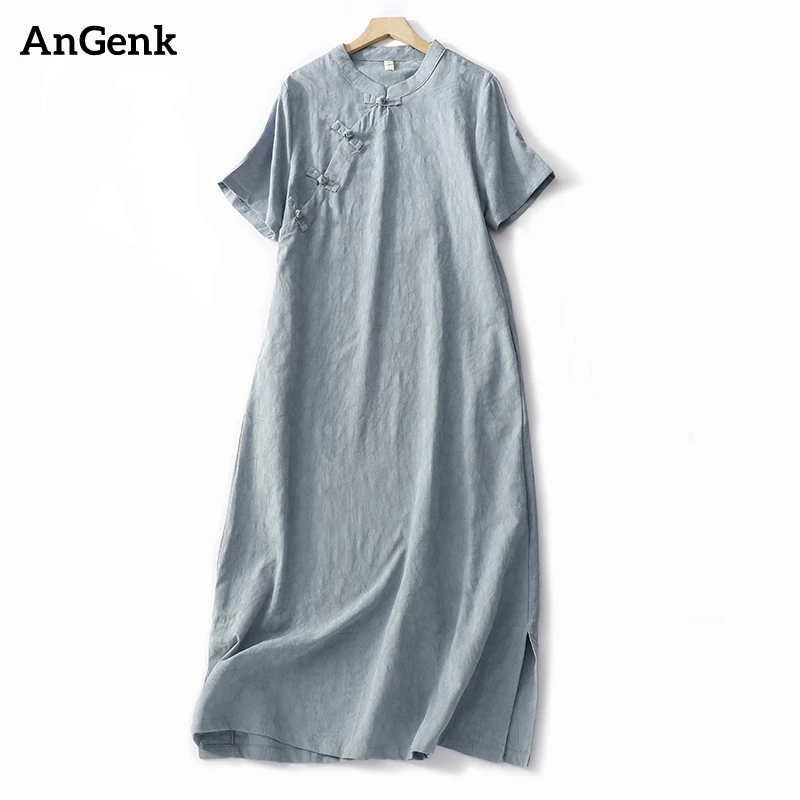 Cotton Short Sleeve Solid Color Vintage Dresses For Women 2023 Summer Casual Long China Style Dress Femme Robe Elegant Clothing