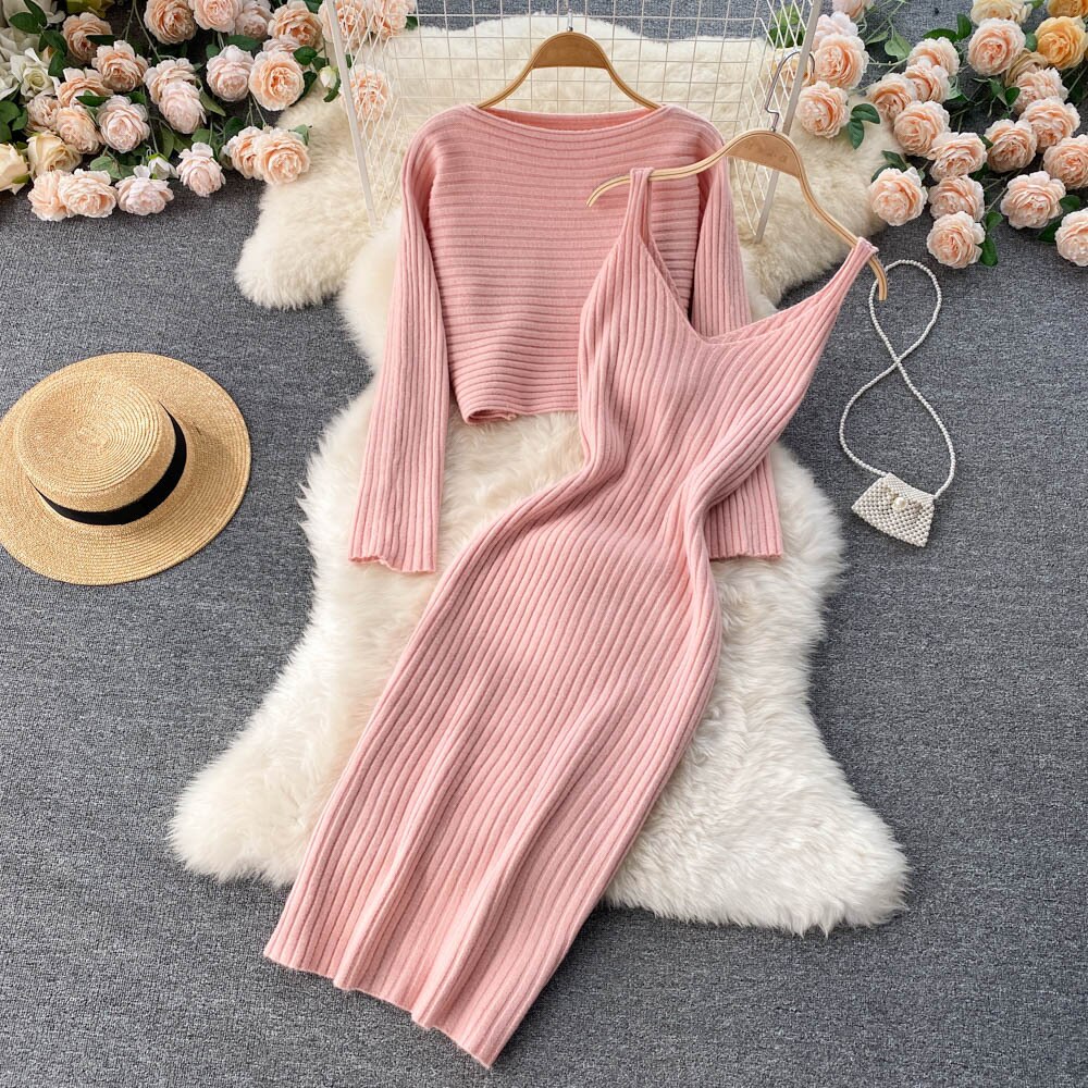Two Piece Sets for Women Knitwear Top Strap O-neck Long Sleeve Pullover Sweater Wrap Hip Sleeveless Knitting Dresses Streetwear