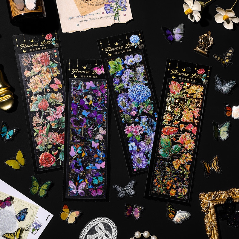 MOHAMM 4 Sheets PET Gilding Creative Flower Butterfly Decorative Stickers for Scrapbooking DIY Collage Journaling Material