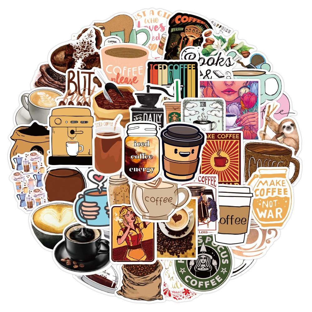 50PCS Cute Vintage Tea Coffee Stationery Stickers Aesthetic Bullet Junk Journal Supplies Scrapbooking Accessory Vinyl