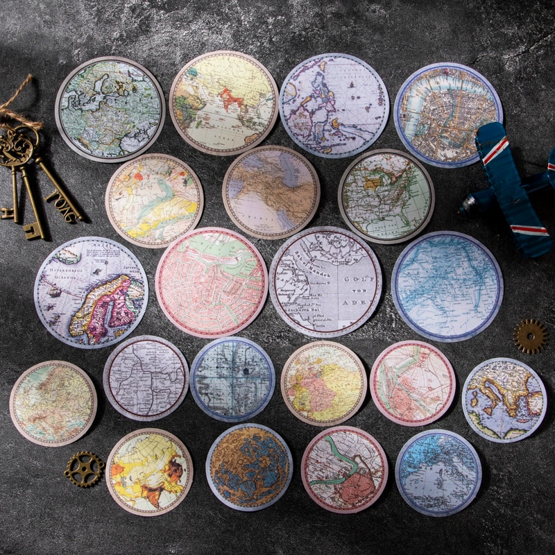 30Pieces Map Stickers Literature Nostalgia Material Supplies Blue sea sky Round Circular Decoration Scrapbooking 12*10CM