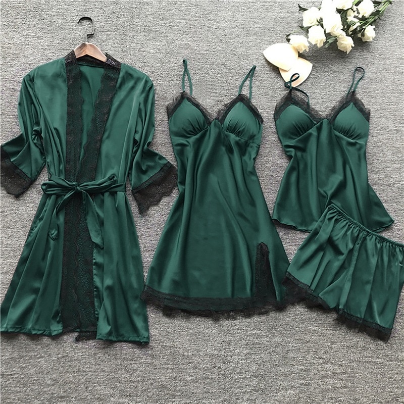 4Pc Silk Robe Sleep Suit Womens Lace Satin Pajamas Gown Set V-Neck Cami Nighties Wear Pijama Home Nightwear Spring Nightdress
