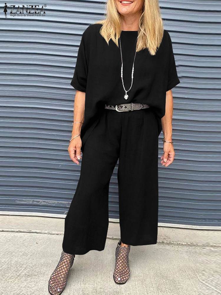 ZANZEA Summer Two Piece Set Women Elegant Outfits Half Sleeve Blouse Casual Wide Leg Pants Sets Fashion New Urban Tracksuits
