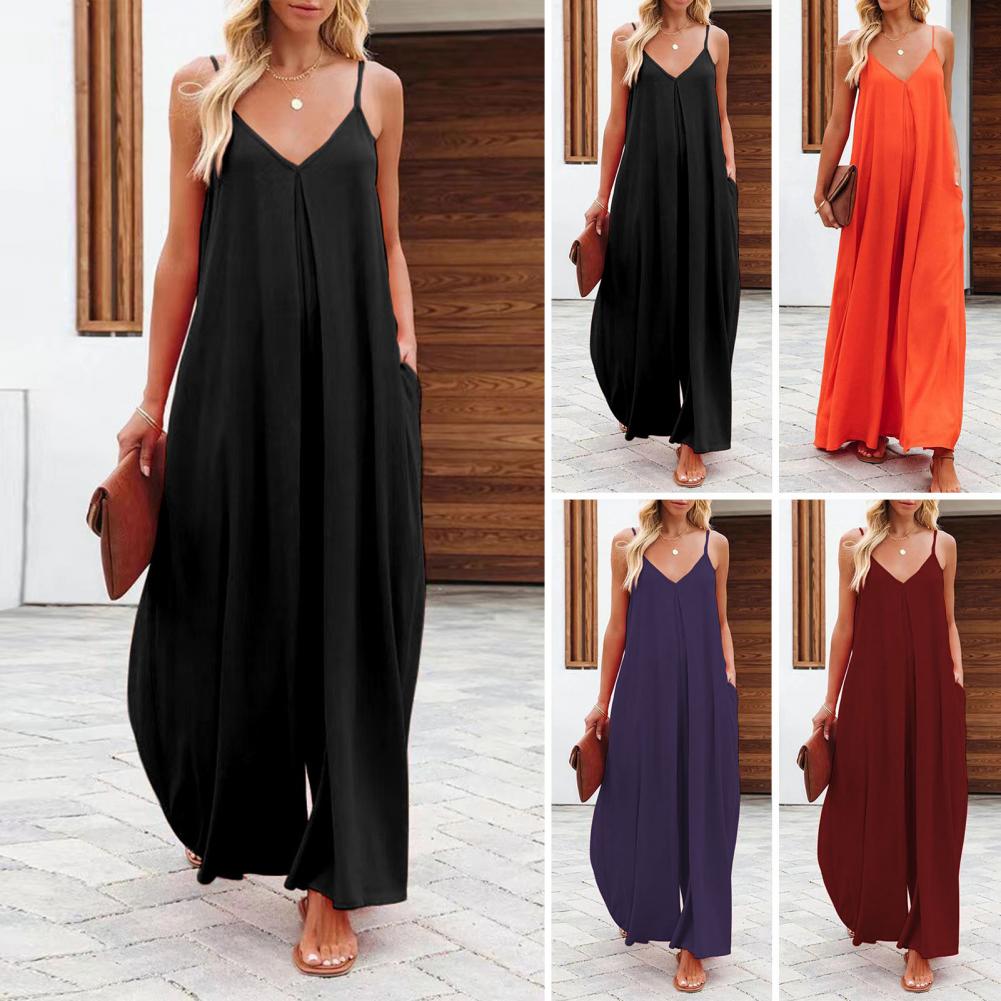 Women Jumpsuit Loose Sling Pocket Casual Comfortable Everyday Wear Polyester Wide Leg Lady Jumpsuit Female Clothing Комбинезоны