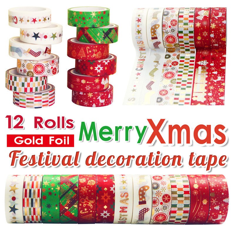 Cross-Border New 12 Rolls Of 15Mm Christmas Foil And Paper Tape For Decorating Handbook Notes Holiday Parties