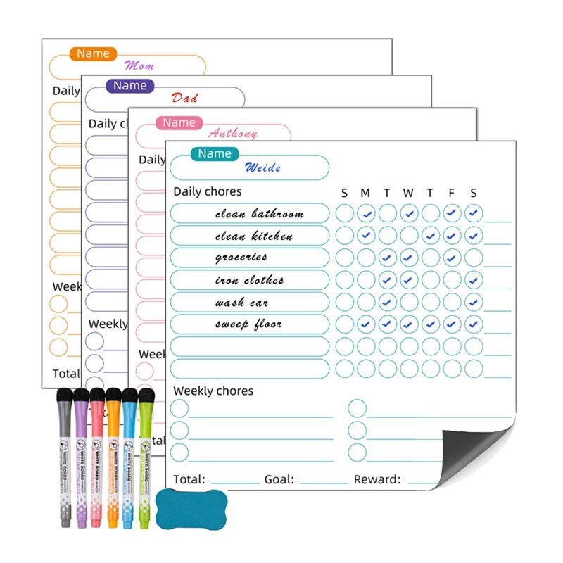 1Set Dry Erase Chore Chart For Kids- 4 Pcs Dry Erase Behavior Charts And 6 Colored Markers With Eraser, Reward Chart Multicolor