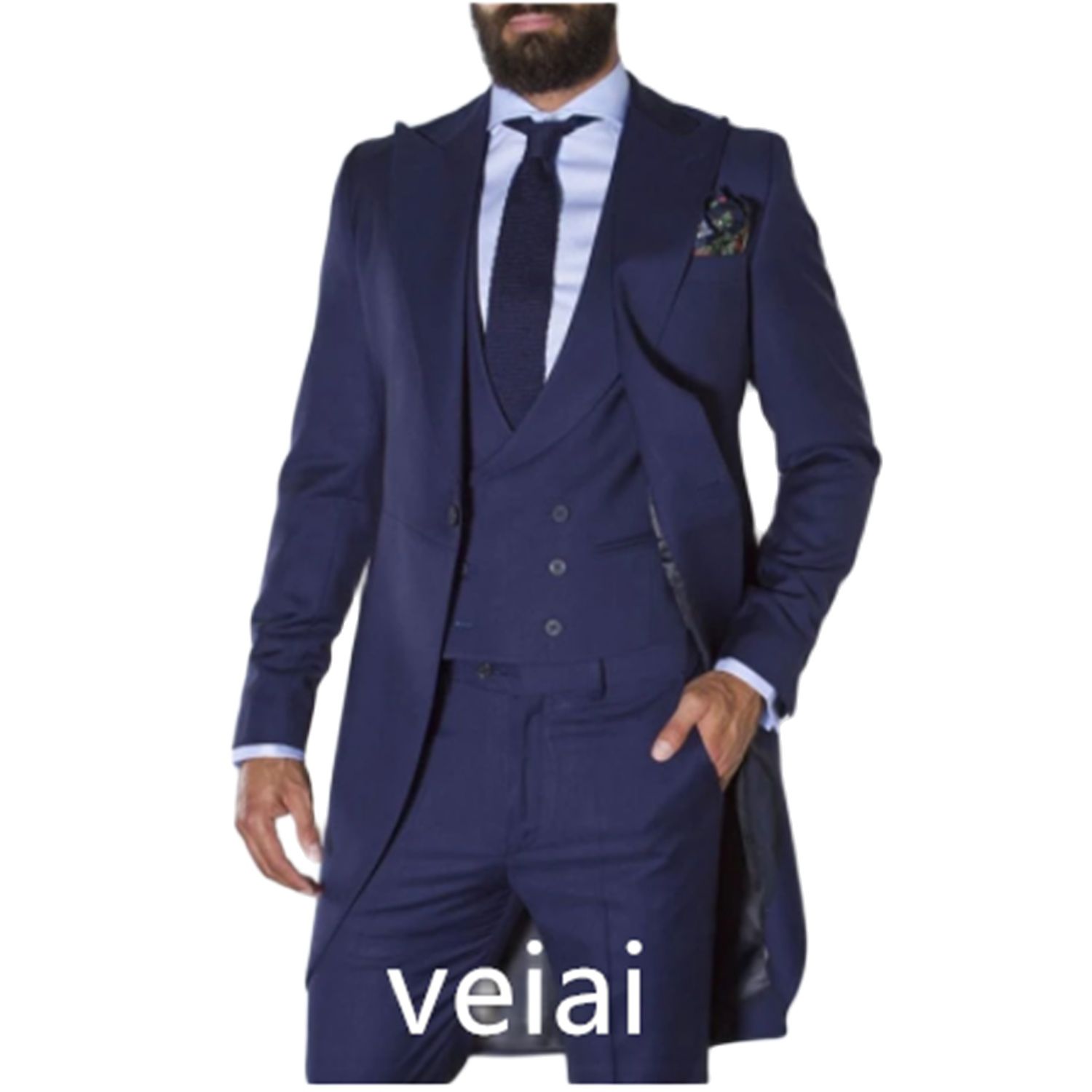 Navy Blue Tailcoat Men Suits for Wedding Custom Made Groom Tuxedos Long Male Fashion Blazer 3 Pieces Groomsmen Costume 2021
