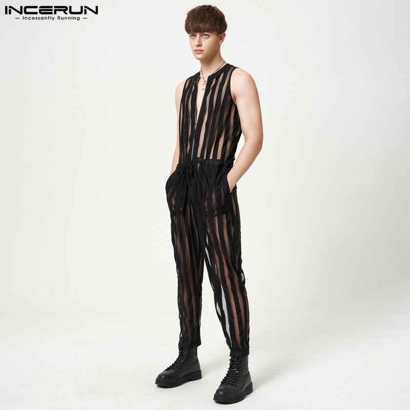 INCERUN Comfortable Homewear Jumpsuit Men's Sexy Transparent Striped Bodysuit Fashion Male See-through Sleeveless Rompers S