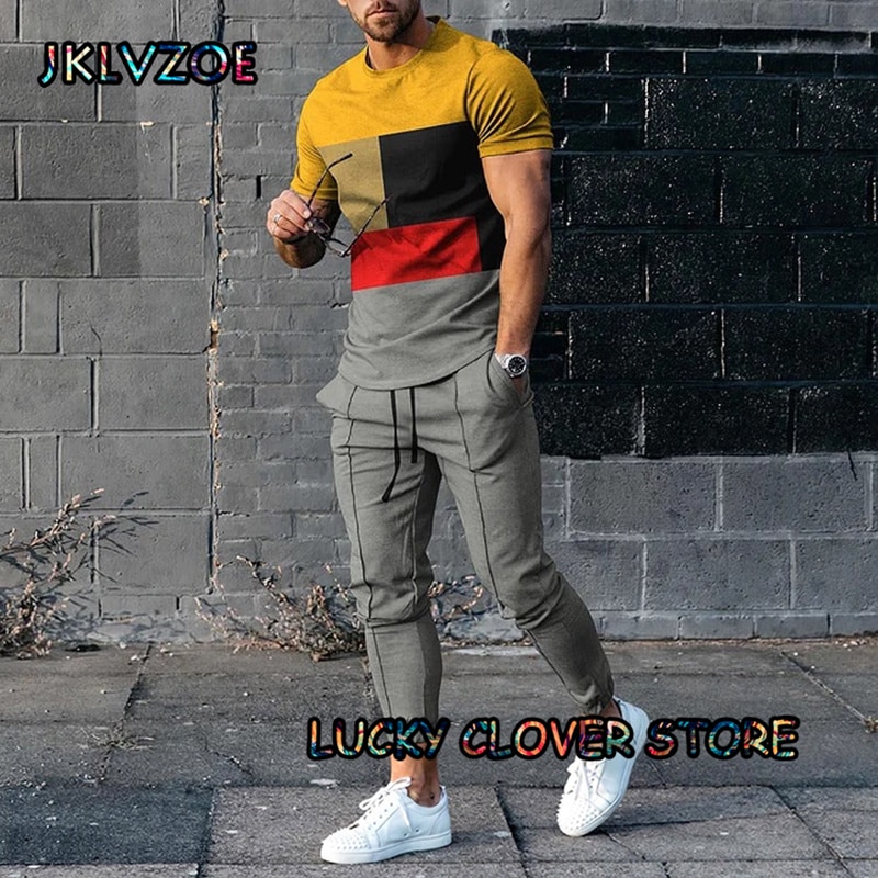 2023 Summer Retro Lattice Print Men Trousers Clothing 2 Pieces Sets Tracksuit T-shirts +Long Pants Suit Trend Jogging Sportwear