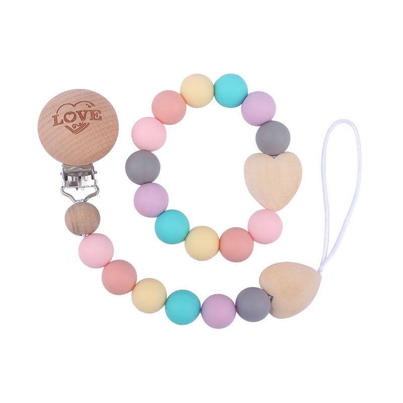 2Pcs Baby Silicone Bead Pacifier Chain Wood Pacifier Clip Rodent Ring Set Baby Nursing Teething Rattle