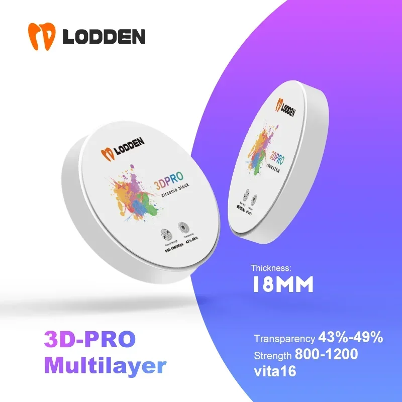LODDEN Dental Zirconia Open System 98*18mm 3D-PRO Multilayer Dental Zirconia Block CAD CAM Transparency 43-49% Strength 800-1200