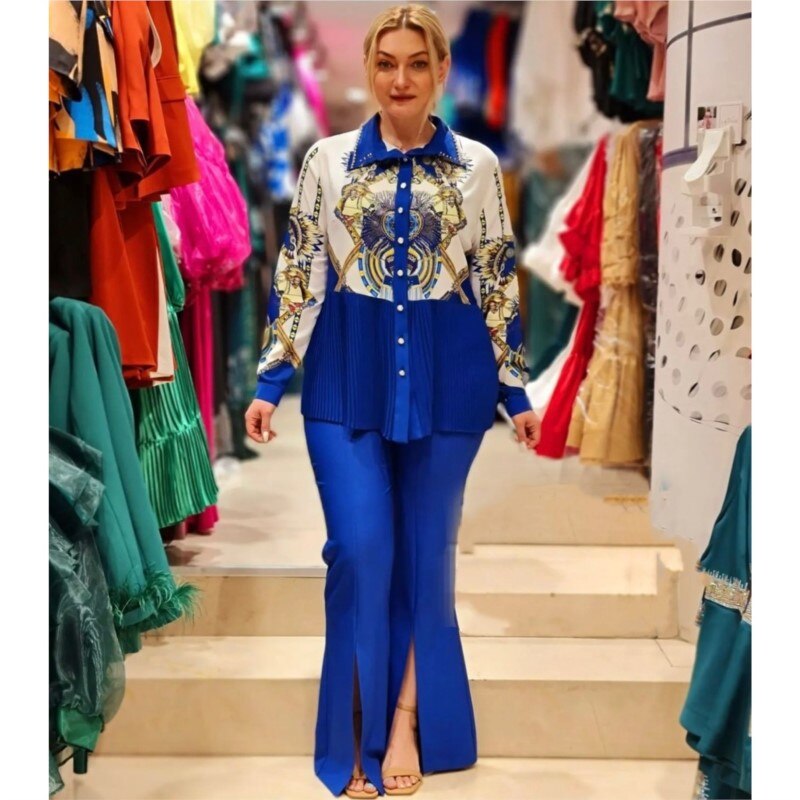 Two 2 Piece Women's Set Spring Autumn Printed Pleated Long Sleeved Shirt Blouse Solid Slit Trousers Suit Office Lady Outfit