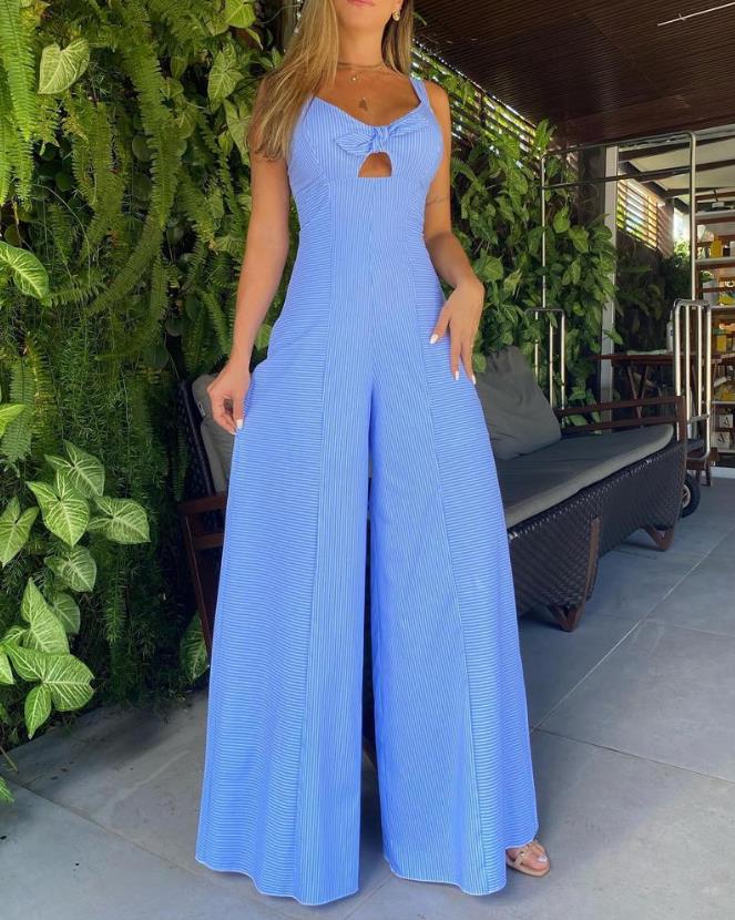 Spring/summer 2023 New Fashion Hot Sale Women's Stripe Print Sleeveless Wide Leg Jumpsuit