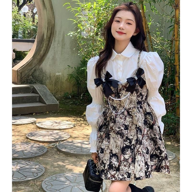 Vintage White Shirts Puff Full Sleeve Sets 2 Piece Cat Print Dresses Chains Long Skirts Women Elegant Knee Length A-LINE