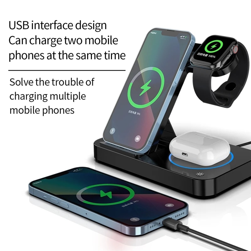 15W 3 in 1 Foldable Wireless Charger For iPhone 14 13 12 Pro Apple Watch 7/6 For Samsung Galaxy Watch Chargers 4/3 S22 S21