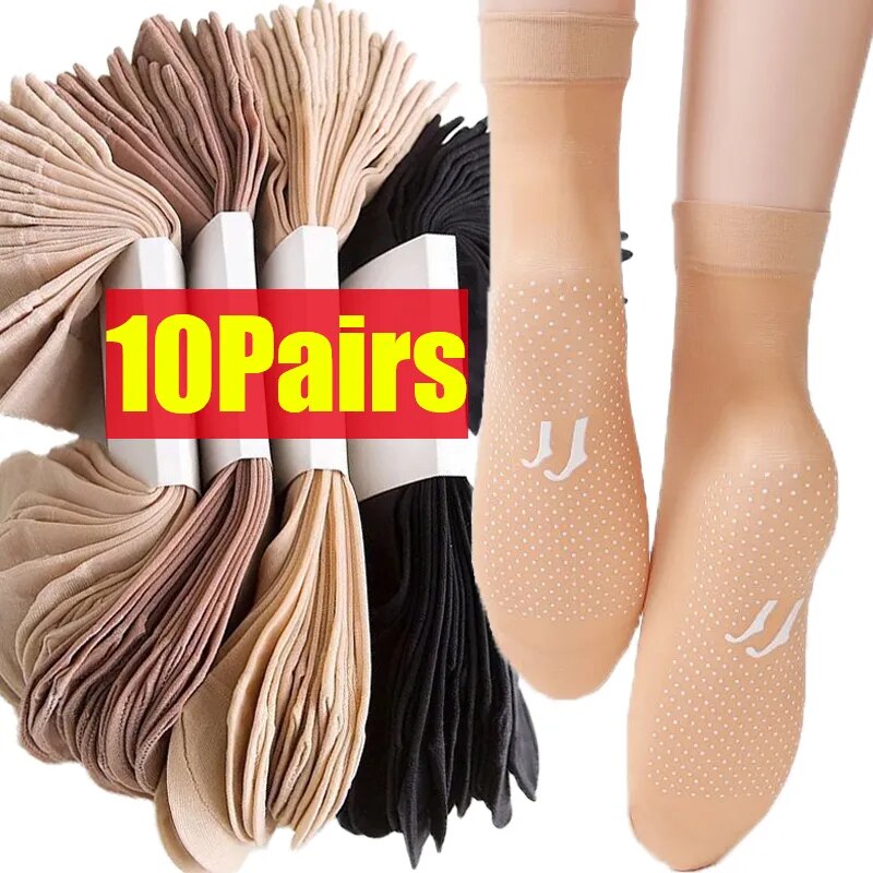 20Pcs=10Pairs Summer Crystal Silk Socks Women Soft Transparent Dot Non-Slip Ankle Meias Nylon Ultrathin Breathable Boat Sock