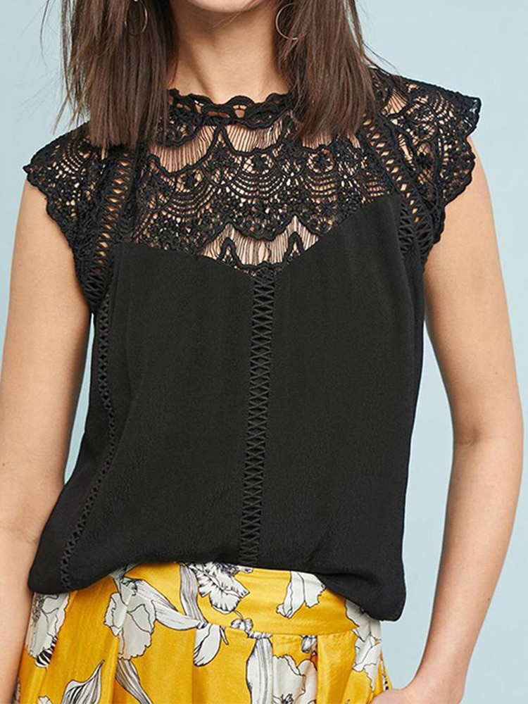 Summer 2023 Womens Tops And Blouses Lace Patchwork Sleeveless Solid Shirt Women Blouse Blusas Roupa Feminina