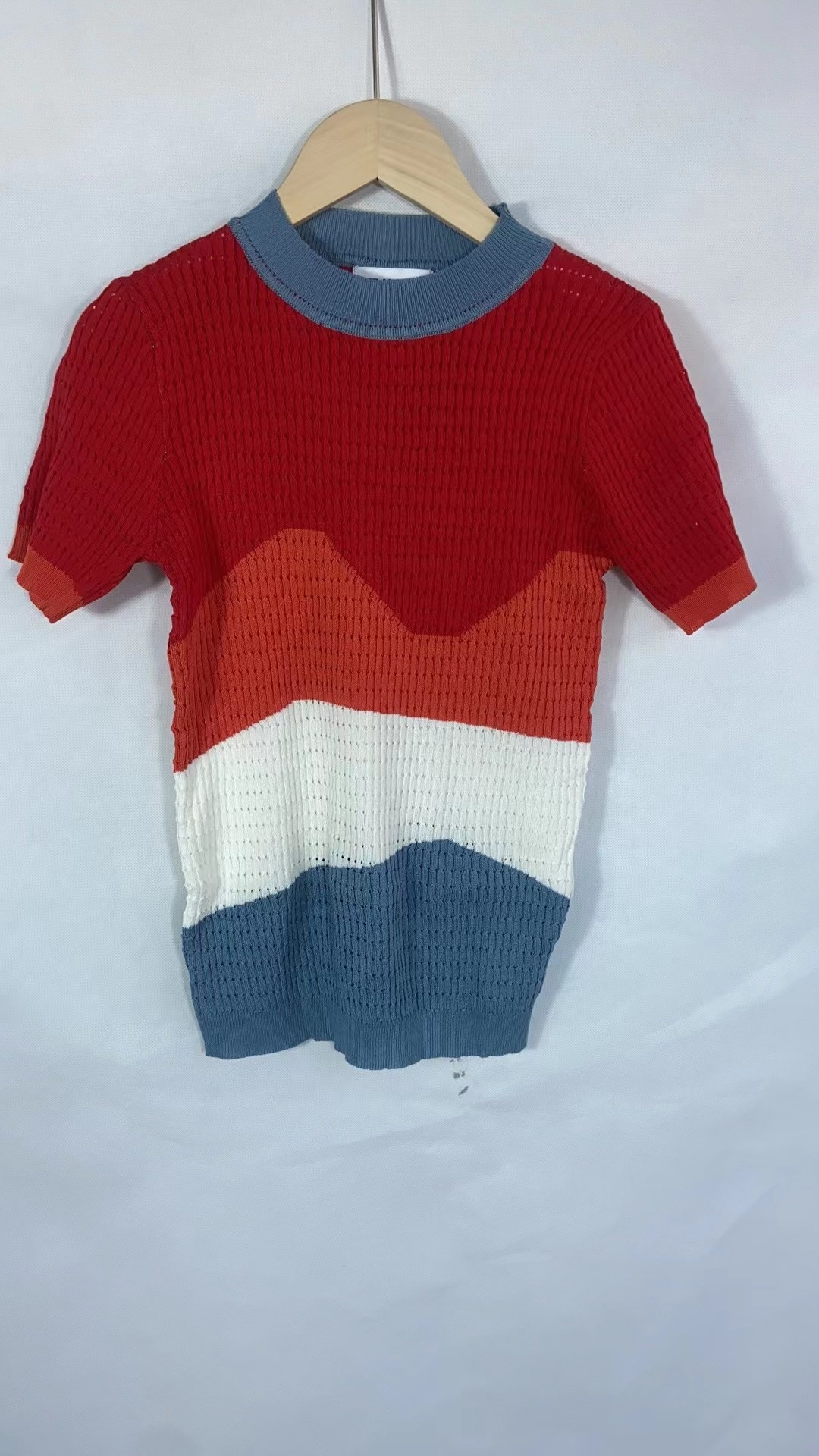 2023 Spring Summer New Knitted Tops Women Contrast Color Crew Neck Slim Short T-shirt Woman Short-sleeve Knitwear Female
