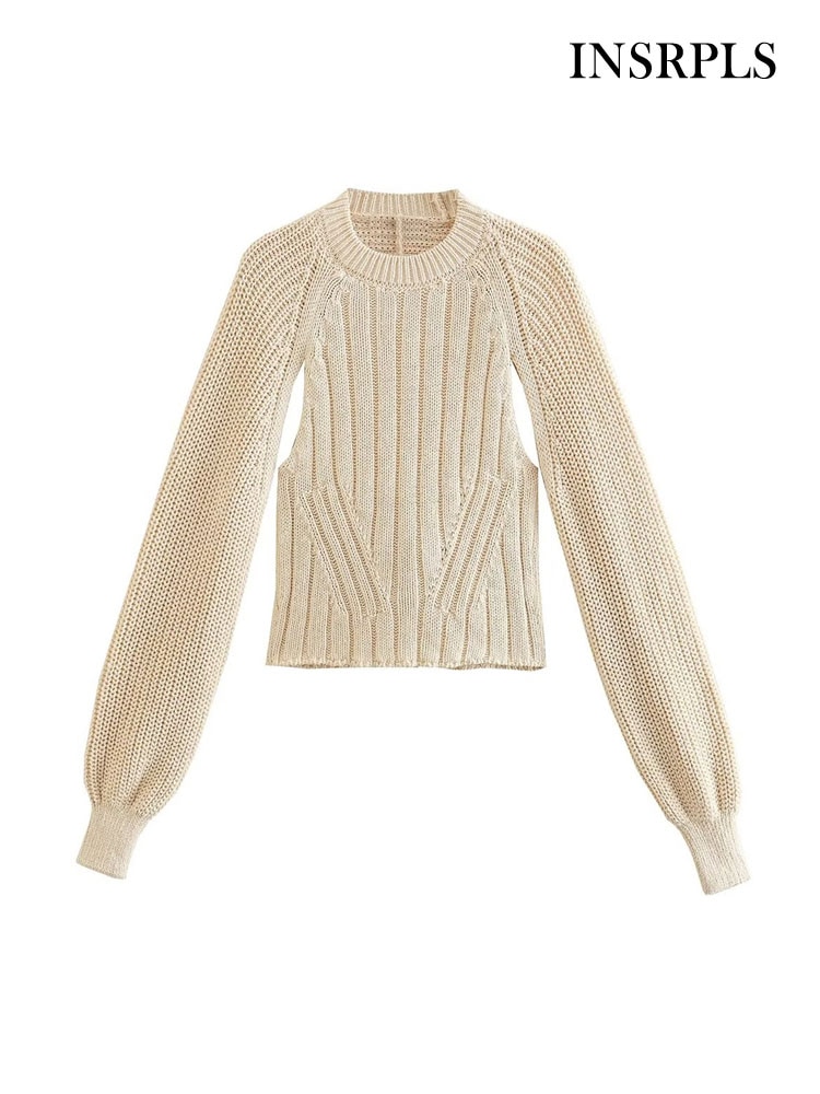 INSRPLS Women Fashion Backless With Tied Knit Sweater Vintage O Neck Long Sleeve Female Pullovers Chic Tops