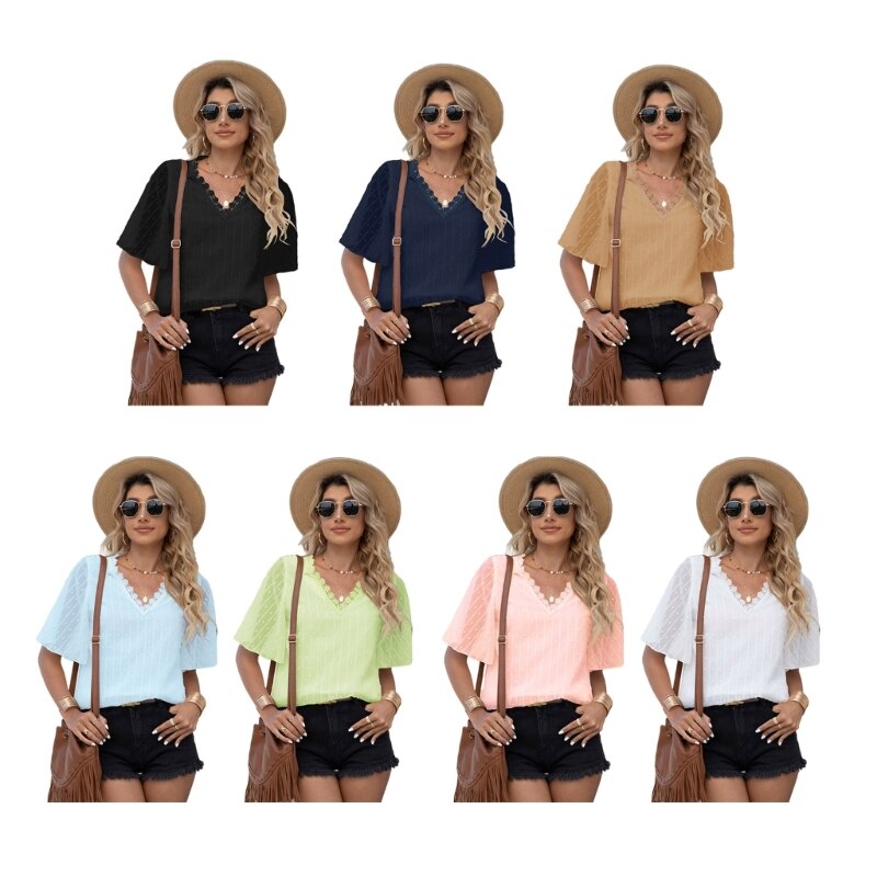 Summer Sexy V-neck Lace Crochet Shirt Chiffon Casual Blouse Solid Color Tops N7YD