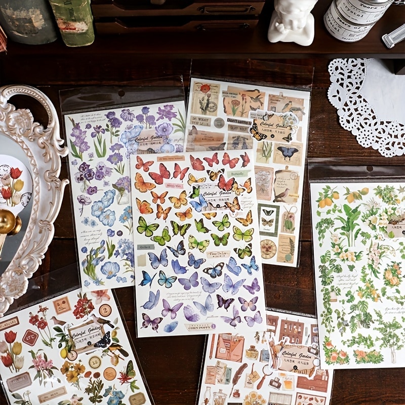 MOHAMM 1pc Washi Paper Vintage Butterfly Plant Flower Decorative Stickers for Scrapbooking DIY Collage Journaling Material