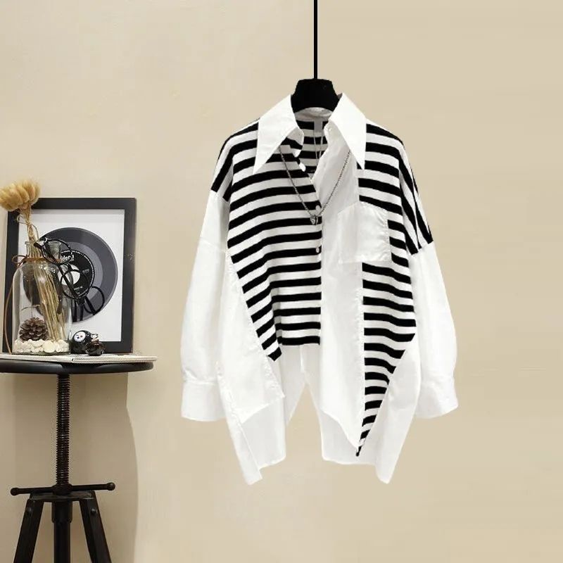 DUOFAN Women Spliced Blouse Spring New Irregular Full Striped Patchwork Blouses Turn-down Collar Casual Shirts Women's Clot