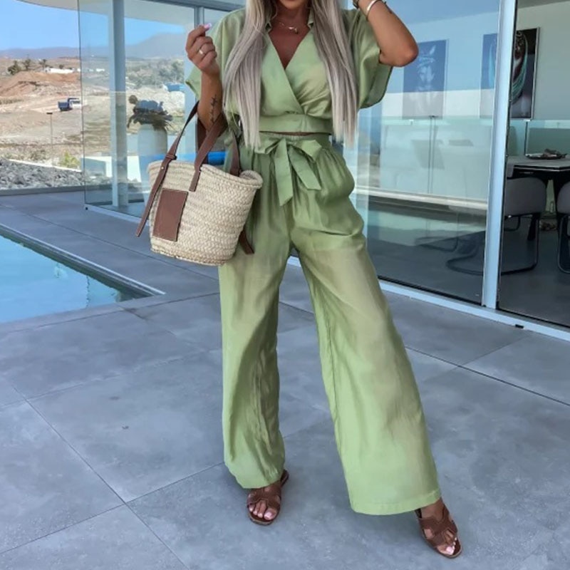 Fashion Silk Solid Holiday Two Piece Set Women Casual Bow Lace Up Long Pants Suits Vintage Loose Short Sleeve Beach Outfits New
