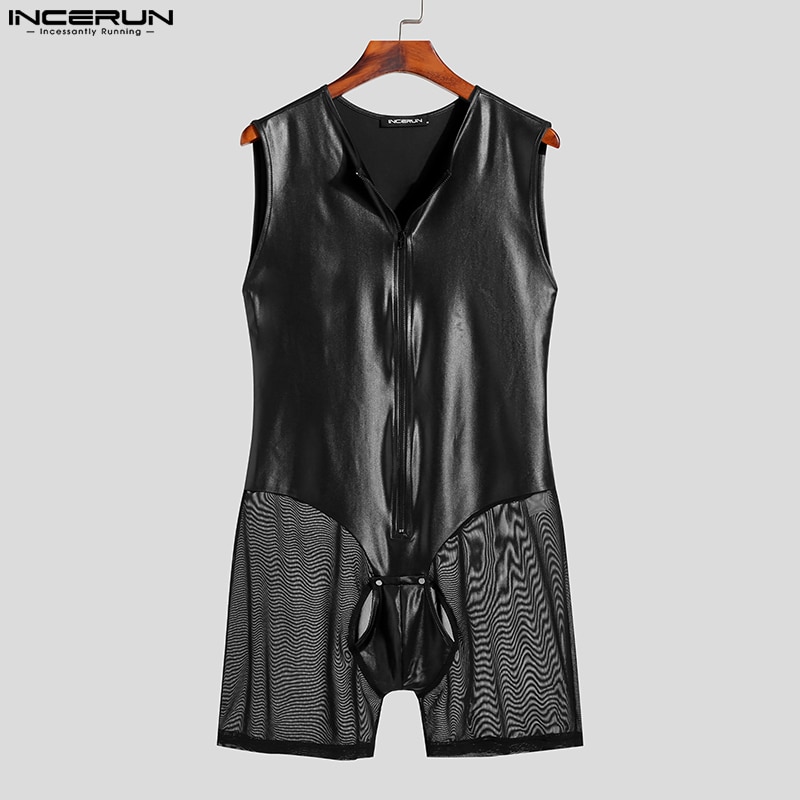 Men Bodysuits Mesh Patchwork Sexy See Through Zipper Homewear Sleeveless Rompers Pajamas 2023 Fitness Men Bodysuits INCERUN