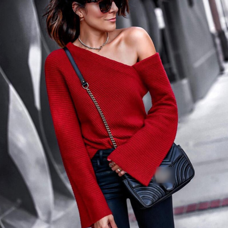 Off Shoulder Sweater Pullover Female Tops Women Fashion Sexy Slim-fit Trumpet Sleeve Irregular Neck Solid Color Knitted Jumper