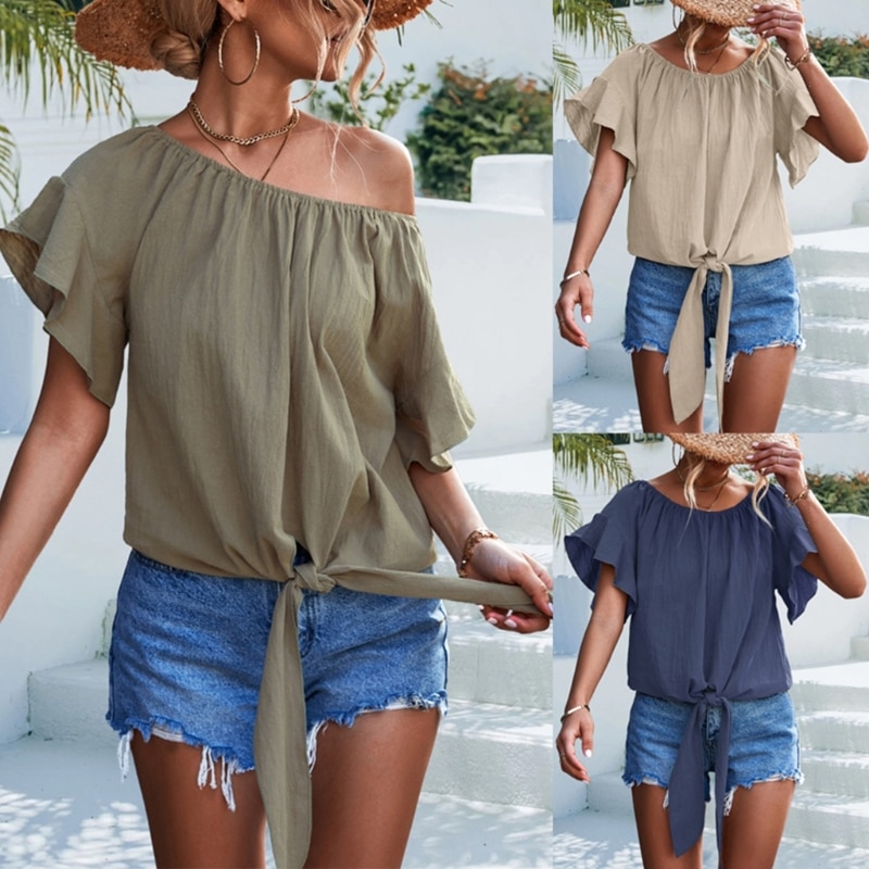 Fashion Women Chiffon Shirt Summer Short Sleeve O-neck Blouse Solid Color Loose N7YD