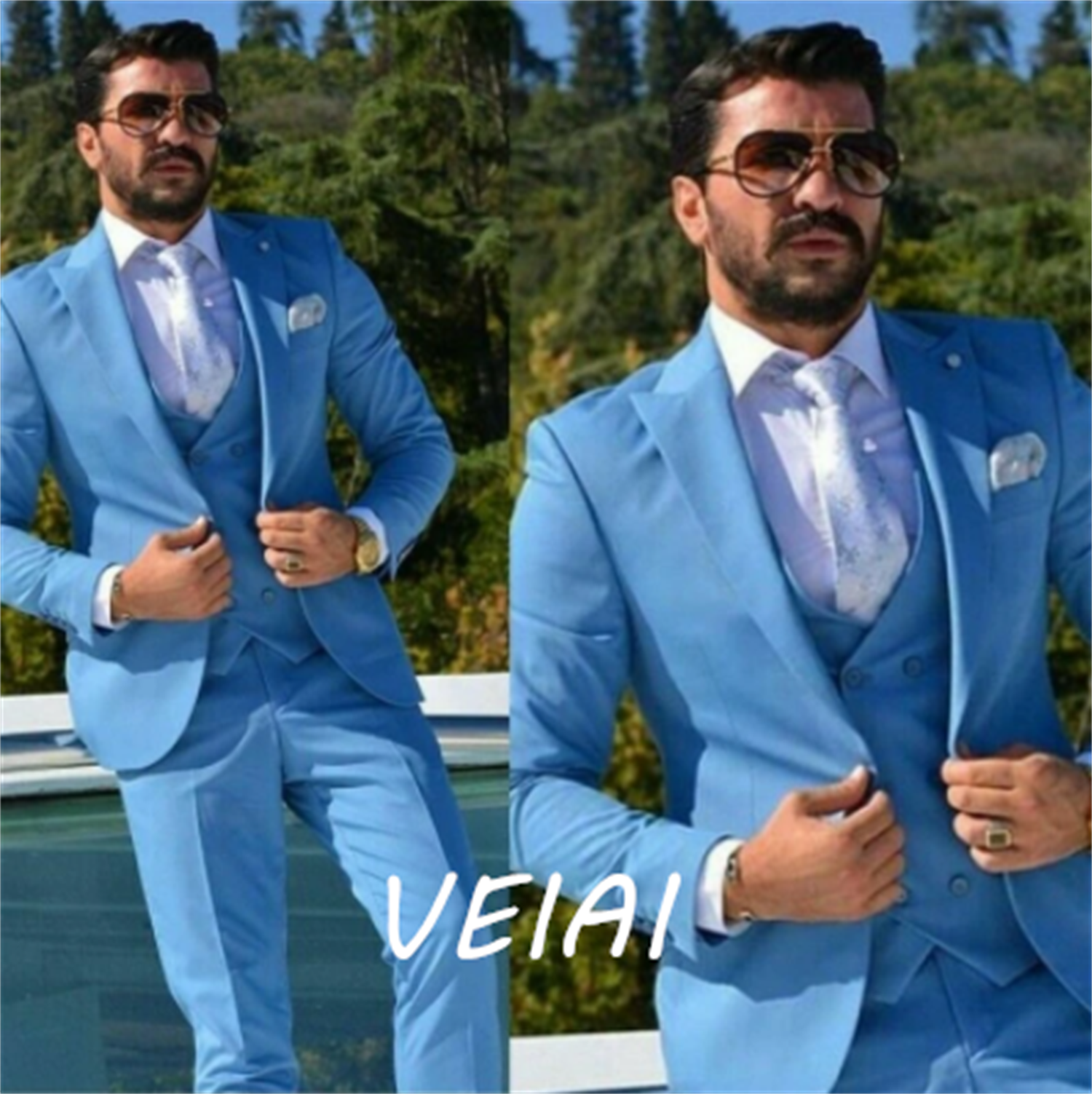 Slim Fit Blue Formal Men Suits for Wedding 3 Piece Groom Tuxedo with Peaked Lapel Custom Male Fashion Jacket Waistcoat Pants