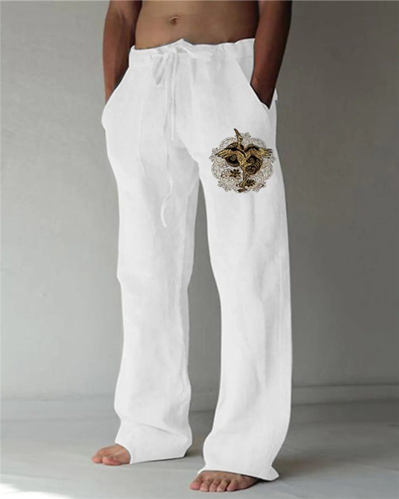 Men Baggy Cotton Linen Pants Casual Pocket Wide Leg Pant Full Length Drawstring Man Sport Pants Plus Size Loose Pants Streetwear