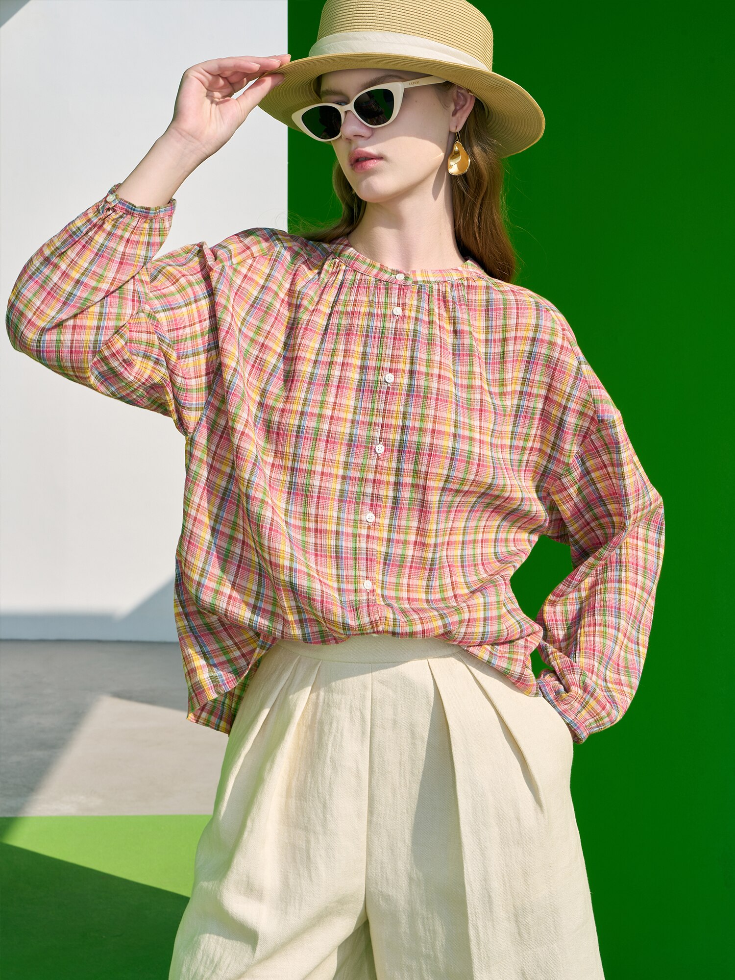 2023 Vintage bow Plaid Shirts Women Autumn Long Sleeve Oversize Button Up Shirt Korean Fashion Casual Outwear Tops Blusas Mujer