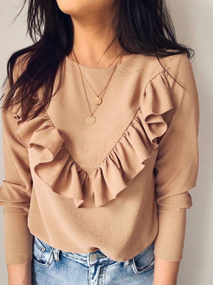 Long Sleeve Elegant Women Blouses 2022 Lady Office Work Ruffles O-Neck Khaki Shirts Tops White Black Autumn Winter Blusas