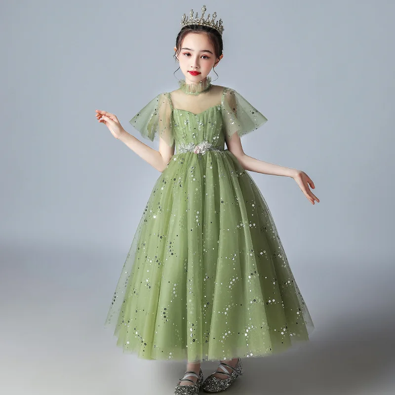 Girls Green Lace Tulle Elegant Princess Long Skirt Flower Girl Wedding Birthday Party Vestidos Piano Play Host Evening Dress