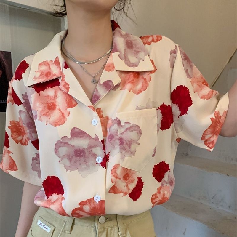 Retro Hong Kong Style Printed Shirt Couple'S Hawaiian Flower Shirt Short Sleeves Summer Top Harajuku Female Ins