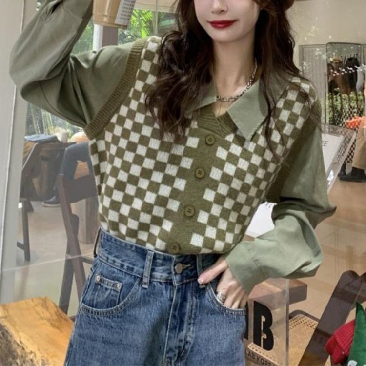 Vintage Moda Knitted Plaid Shirts Women Spring Patchwork Fake Two Piece Shirts Blouses Long Sleeve Bottoming Blusas Mujer