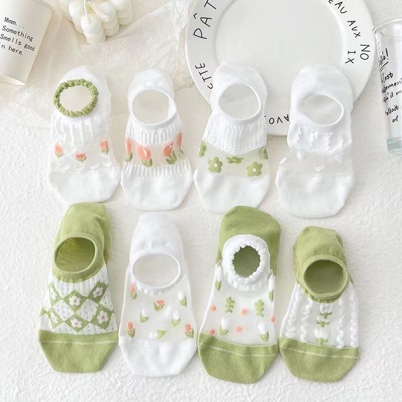 2023 Women Summer Hollow Breathable Sock Short Flower Invisible Ultra Thin Comfortable Cool High Quality White Socks EU35-39