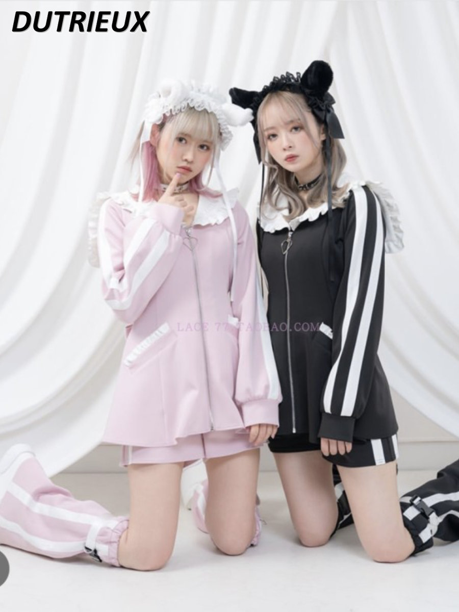 Preppy Girly Style Sailor Collar Bow Slim Waist Hoodeis Coat Zipper Cardigan Sweet Lolita Japanese Leisure Shorts Two-Piece Sets
