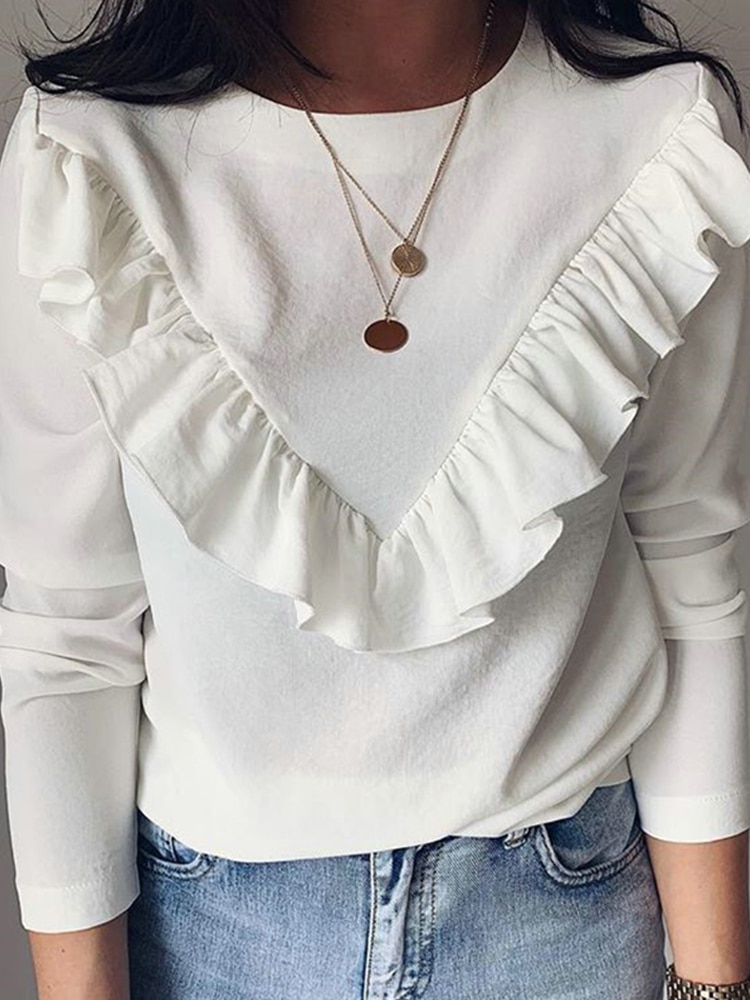 Long Sleeve Elegant Women Blouses 2023 Lady Office Work Ruffles O-Neck Khaki Shirts Tops White Black Autumn Winter Blusas