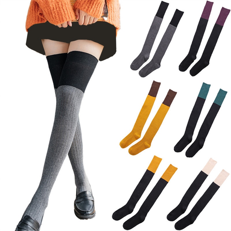 Women Over Knee Socks Winter Autumn Female Sexy Stockings Warm Long Boot Knit Thigh-High Multiple Colors Black