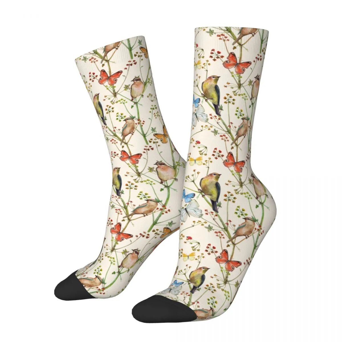 Female Beautiful Butterfly And Birds Socks Comfortable Happy Spring Flower Floral Socks Merch Middle TubeSocks Small Gifts