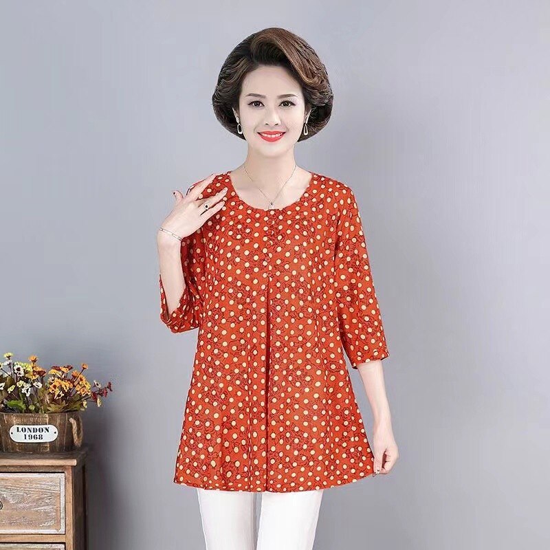 6XL 7XLDot and Floral Vintage Woman Blouses Thin Fashion Elegant Round neck Button Half sleeve Pullovers Shirt Women's Clot